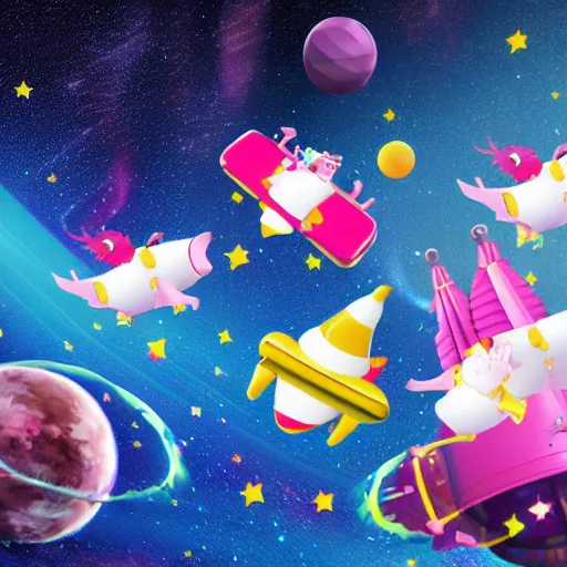 Image similar to Howl's Moving Candy Castle In Space With Flying Pigs