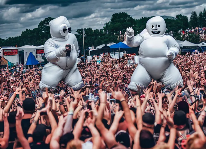 Image similar to photo still of the michelin man on stage at vans warped tour!!!!!!!! at age 3 8 years old 3 8 years of age!!!!!!! stage diving into the crowd, 8 k, 8 5 mm f 1. 8, studio lighting, rim light, right side key light