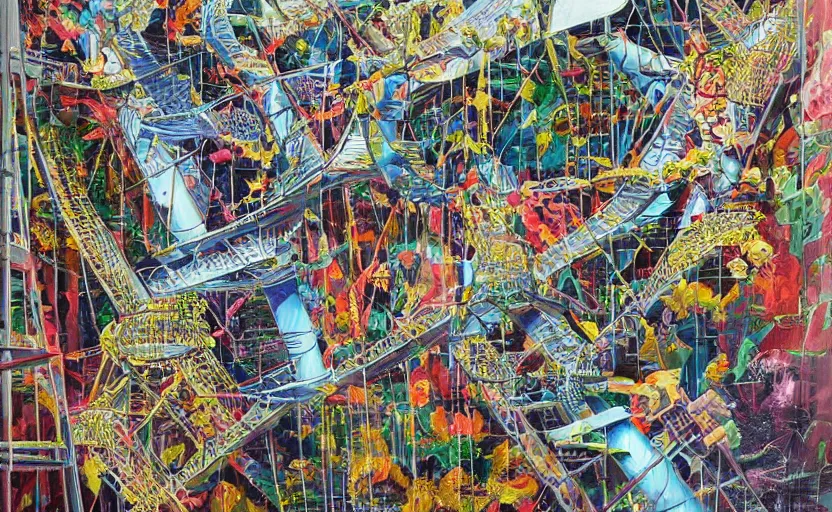 Image similar to chutes and ladders. detailed abstract acrylic painting by bordalo ii, by mc escher, by raqib shaw, japanese popsurrealism,