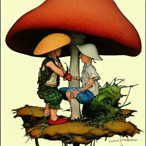 Image similar to lonely mushroom makes a friend, george kamitani, norman rockwell, dean cornwell, storybook illustration, arthur rackham, Artstation, Hyperdetailed, stylized, cel shading