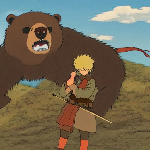 Prompt: Anime Russian man riding a bear in tundra, Studio Ghibli, highly detailed, establishing shot