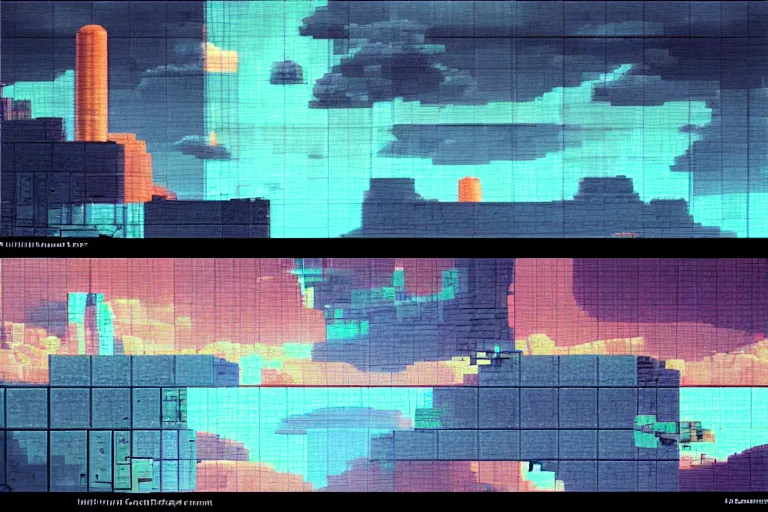 Prompt: sci-fi walls with distorted clouds, 8 bits graphics, 2D, flat, SNES game, crushed quality, low contrast, RGB displacement, color gradient, heavy compression filter,