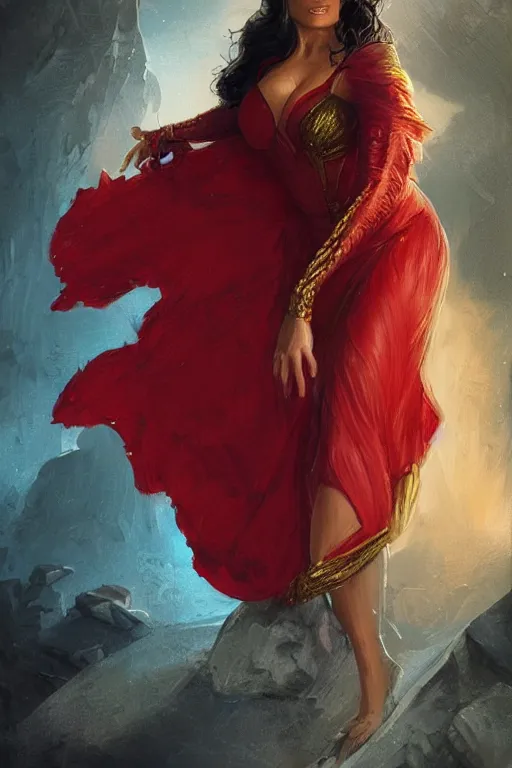 Image similar to portrait, Salma Hayek , Fantasy Queen , wearing a red and gold dress , face portrait, raphael lacoste, eddie mendoza, alex ross, concept art, matte painting, highly detailed, rule of thirds, dynamic lighting, cinematic, detailed, denoised, centred