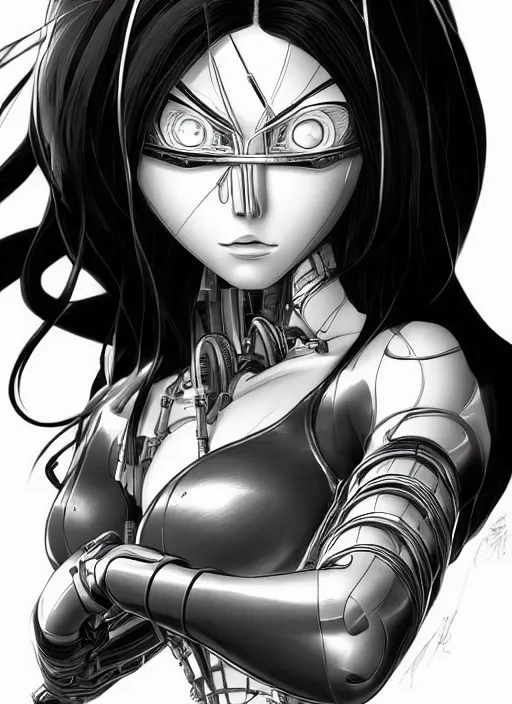 Prompt: portrait of Alita by Yukito Kishiro, biomechanical, hyper detailled, trending on artstation