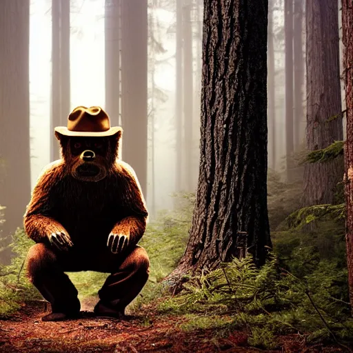 Image similar to UHD canndid photo of Smokey The Bear squatting on a commode in the woods, by Annie leibowitz, photorealisitc, extremely detailed