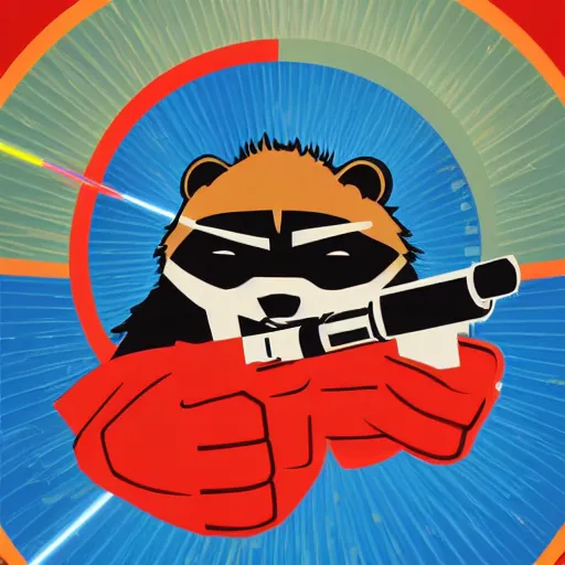 Image similar to logo of a racoon holding a laser gun, realisitc , 4K