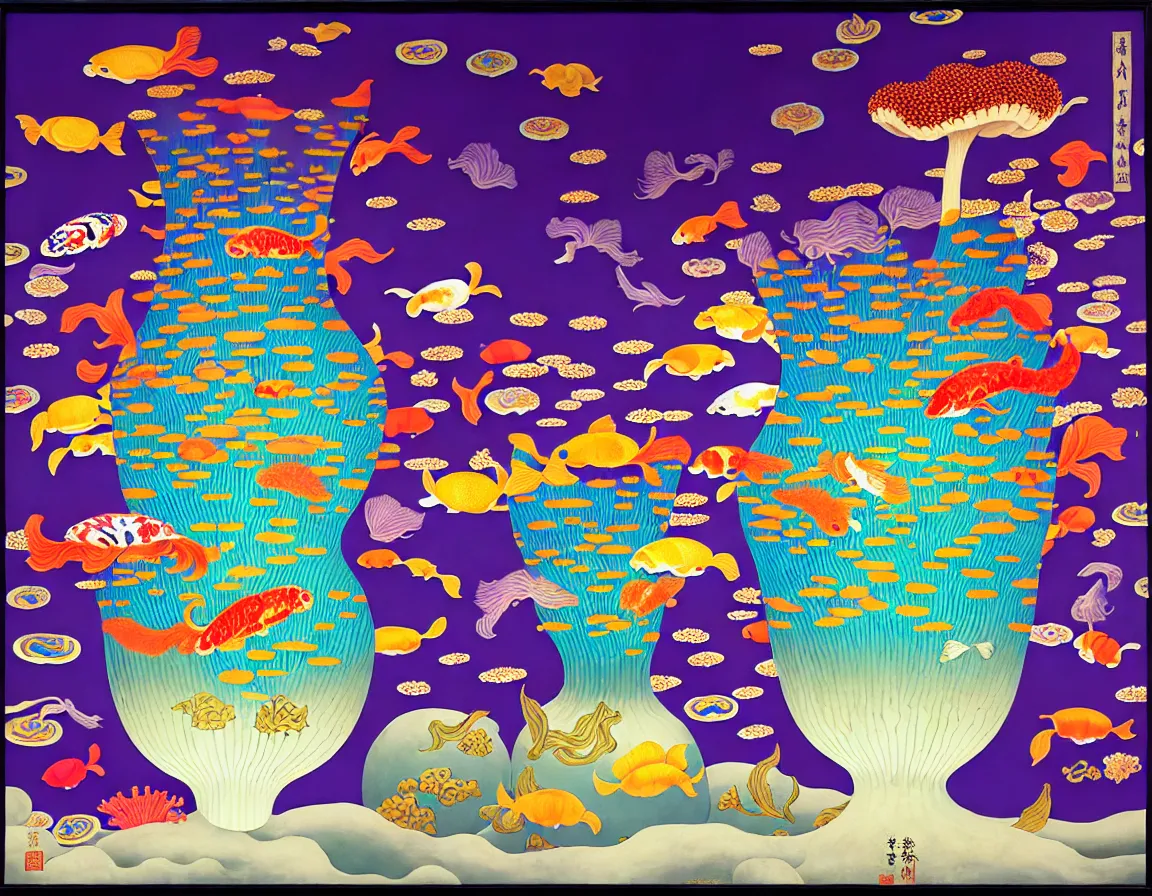 Prompt: vase of mushroom in the sky and under the sea decorated with a dense field of stylized scrolls that have opaque purple outlines, with koi fishes, ambrosius benson, kerry james marshall, afrofuturism, oil on canvas, history painting, hyperrealism, award winning, light color, no hard shadow, around the edges there are no objects