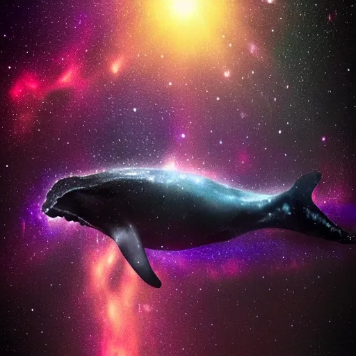 Image similar to portrait of whale swimming on a dark night sky, swimming across the universe, nebulae, purple and blue, galaxies, oniric, dreamy, beautiful, highly detailed, cinematic, trending on artstation
