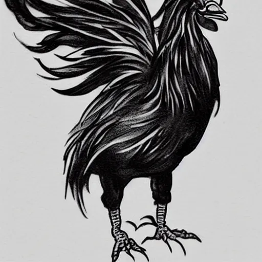 Prompt: A small tattoo of a black rooster. The black chicken is holding smoking a large cannabis blunt in its mouth