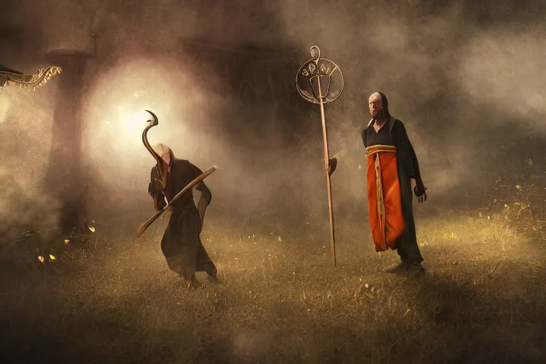 Image similar to theatre stage, man with scythe, traditional romanian clothing, concept art, dramatic lighting, beautiful, volumetric lighting, colorful, octane render