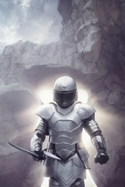 Image similar to Graphic novel cover art of a man in white armour with emerald set helmet and a glowing sword. Epic. Realism. V-ray. Octane Render. Unreal engine. Ambient lighting. 50mm f/1.2. Dramatic lighting. God rays. Dreamy. Sharp. Fine details.