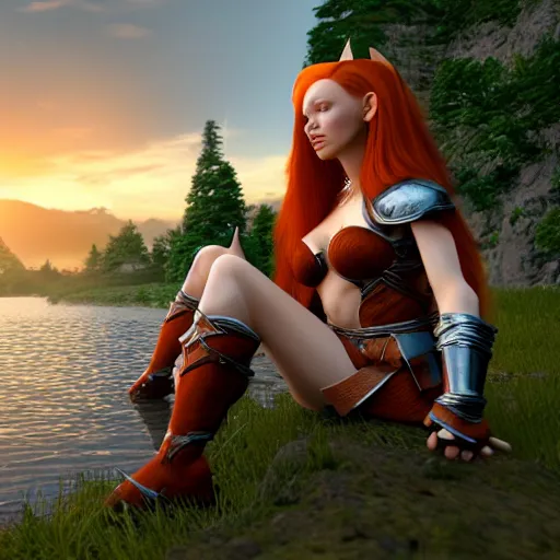 Prompt: beautiful female redhead elf warrior wearing armor, sitting next to a beautiful lake at sunset, enjoying the wind, looking at the water. 8 k ultra realistic, award winning, unreal engine 5, masterpiece, atmosphere glow, hyperrealistic, focused, extreme details, cinematic