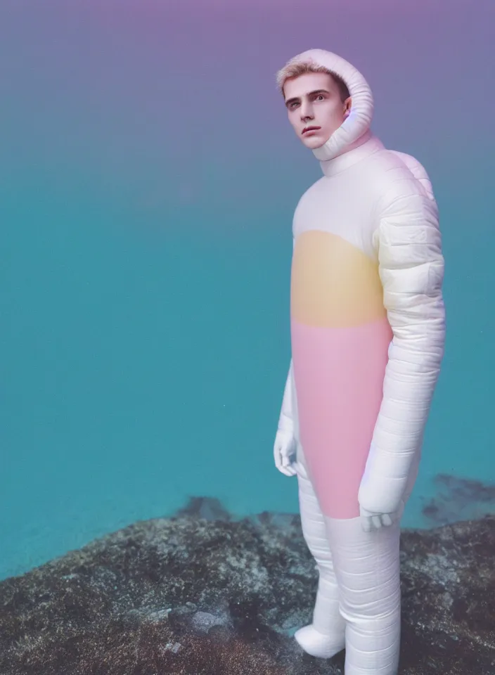 Image similar to high quality pastel coloured film portrait photograph of a beautiful young 2 0 year old male, soft features, short hair, wearing perspex space suit and oversized inflated clothing!! icelandic black rock pool environment. atmospheric three point light. photographic. art directed. ( pastel colours ). volumetric. clearcoat. waves. 8 k. filmic.