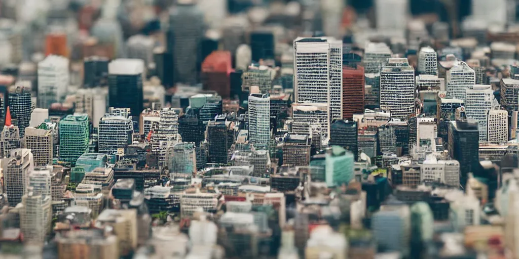 Prompt: a miniature diorama of downtown montreal, macro photography, tilt shift