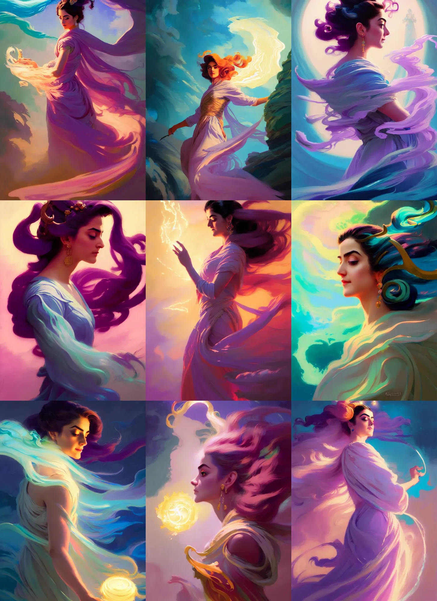 Prompt: side portrait, maya ali, wind sorcerer, fantasy robe, gloomhaven, luminescent, colorful swirly magic ripples, pastel colors, by greg manchess, huang guangjian, gil elvgren, sachin teng, greg rutkowski, jesper ejsing, ilya kuvshinov