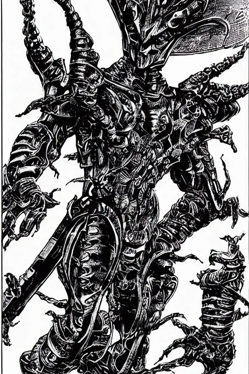 Image similar to the guyver from bio - booster armor guyver 強 殖 装 甲 カイハ as a d & d monster, pen - and - ink illustration, etching, by russ nicholson, david a trampier, larry elmore, 1 9 8 1, hq scan, intricate details, high contrast