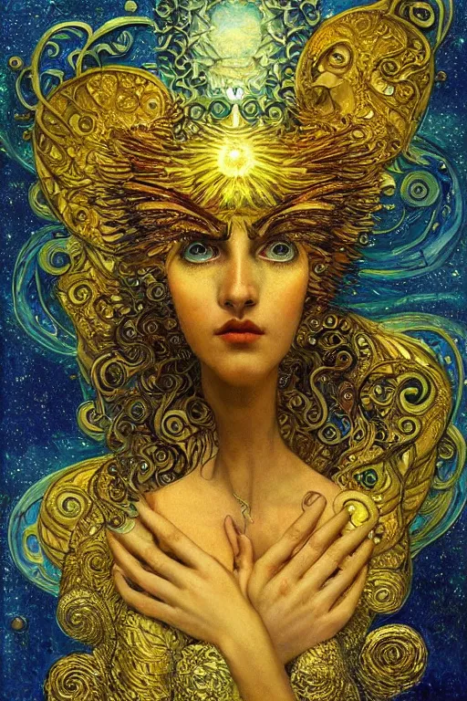 Prompt: Visions of Paradise by Karol Bak, Jean Deville, Gustav Klimt, and Vincent Van Gogh, visionary, otherworldly, celestial, fractal structures, ornate gilded medieval icon, third eye, spirals, heavenly spiraling clouds with godrays, airy colors, feathery wings