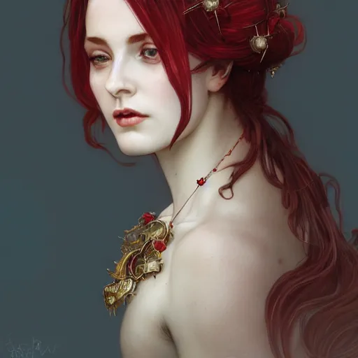 Prompt: portrait of beautiful vampire, rose thorn crown, thorns everywhere, headshot, pale skin, 4k, rule of thirds, extreme detail, detailed drawing, trending artstation, hd, fantasy, D&D, realistic lighting, by Alphonse Mucha, Greg Rutkowski, sharp focus, backlit, bright red hair, small necklace,