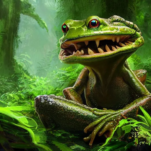 Image similar to an amphibian goblin in a rainforest, digital art, realistic, 8 k, matte painting, fantasy art, ultra detailed