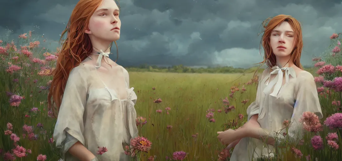 Image similar to a beautiful southern woman named Savannah Savage, innocent, sad cerulean eyes, freckles, long ginger hair tied with white ribbon, thoughtful in a field of flowers on a farm, gentle lighting, innocent mood, storm in the distance, somber, western clothing, dress,digital art by Makoto Shinkai ilya kuvshinov and Wojtek Fus, digital art, concept art,