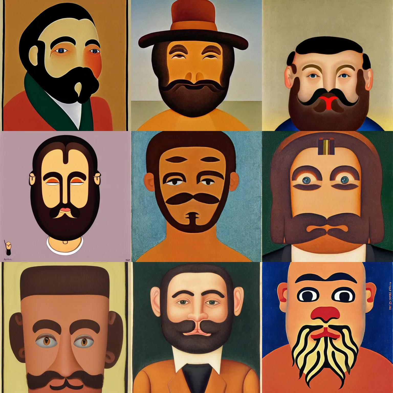 Prompt: middle-aged man with thick eyebrows, light beard, short light brown hair, amused facial expression, art by Tarsila do Amaral, antropophagic style