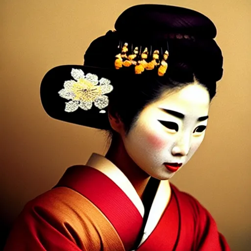 Image similar to portrait of a beautiful geisha, photograph by steve mccurry