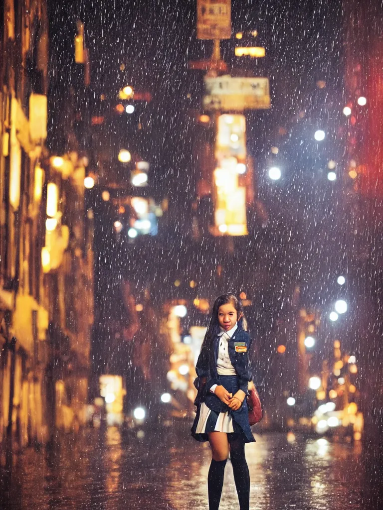 Image similar to night flash portrait photography of a high school girl in uniform on the lower east side by annie leibovitz, colorful, nighttime!, raining!