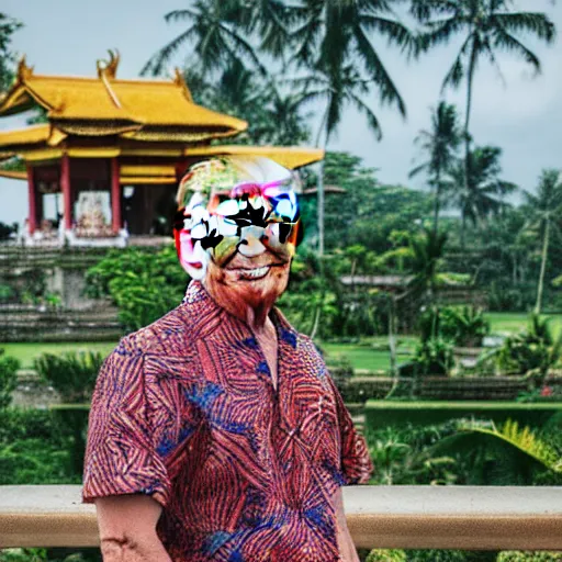 Prompt: a photo of donald trump wearing batik bali when holiday in bali. blurred temple background. front view. sigma 8 5 mm lens f / 1. 4. award winning photography, perfect faces, instagram photo shoot