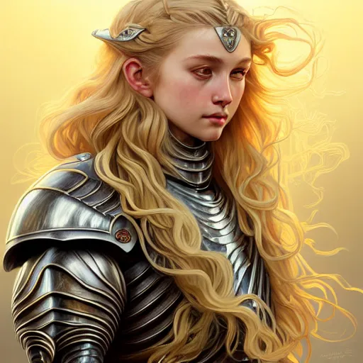 Image similar to Portrait of a girl with blonde wavy hair wearing a heavy knight armor, face, fantasy, intricate, elegant, highly detailed, digital painting, artstation, concept art, smooth, sharp focus, illustration, art by Wei Fan and Fernanda Suarez and Artem Demura and alphonse mucha