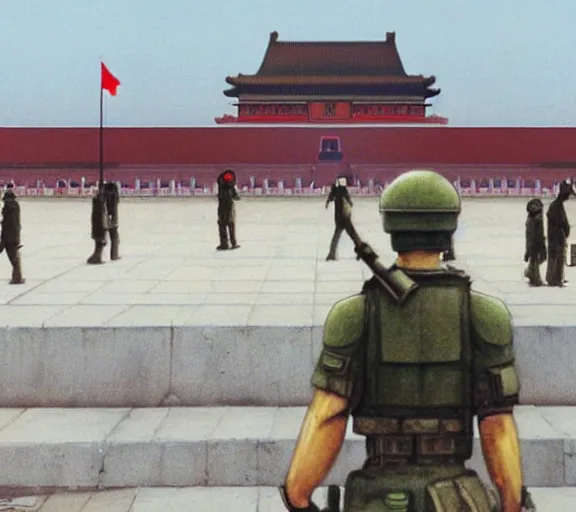 Image similar to photorealistic concept art of tiananmen square tank man standing in front of tank girl's tank, detailed