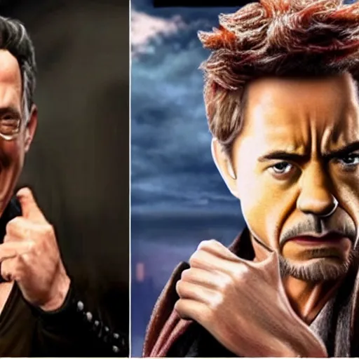 Prompt: a mortal kombat fight of tom hanks vs robert downey jr