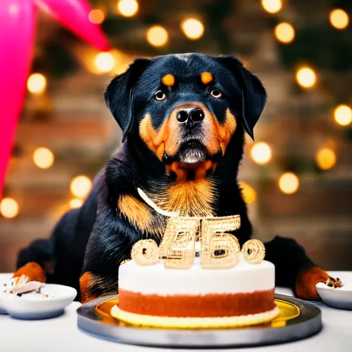 Image similar to a high - quality photo of a cute rottweiler with a birthday cake, 4 5 mm, f 3. 5, sharpened, iso 2 0 0, raw, food photography