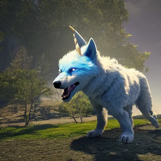 Image similar to a giant blue wolf with a white main and two unicorn horns, a white star shape on his forehead, yellow eyes, beautiful, ultra realistic, great wolf, unreal engine 5, dynamic lighting, highly detailed, lightning around