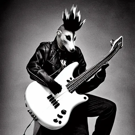 Prompt: a black and white photograph portrait of a punk-rock opossum with a mohawk hairdo holding a bass guitar, art photography by Edward Colver