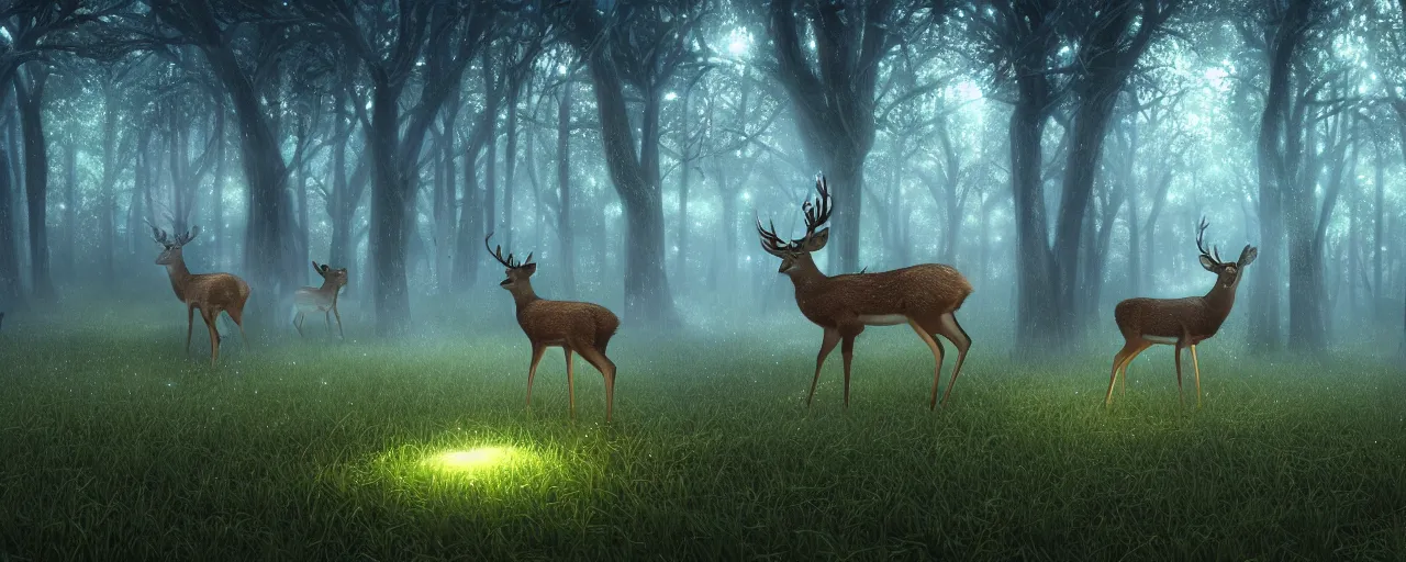 Image similar to deer in an ethereal forest made from glowing circuits and electronics, highly detailed concept art, 3 d, volumetric lighting