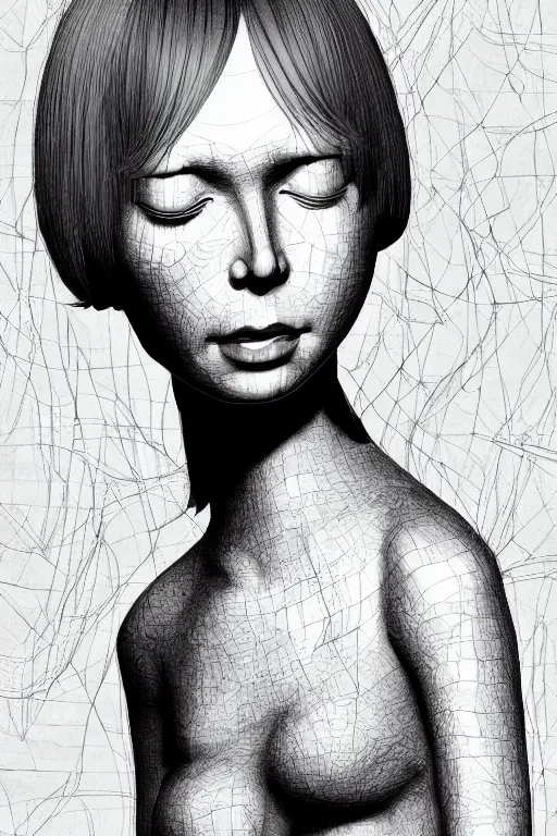 Image similar to portrait of a girl in long pants and a top, hands in pockets, eyes closed, bob haircut, digital art, black and white, illustration by giger