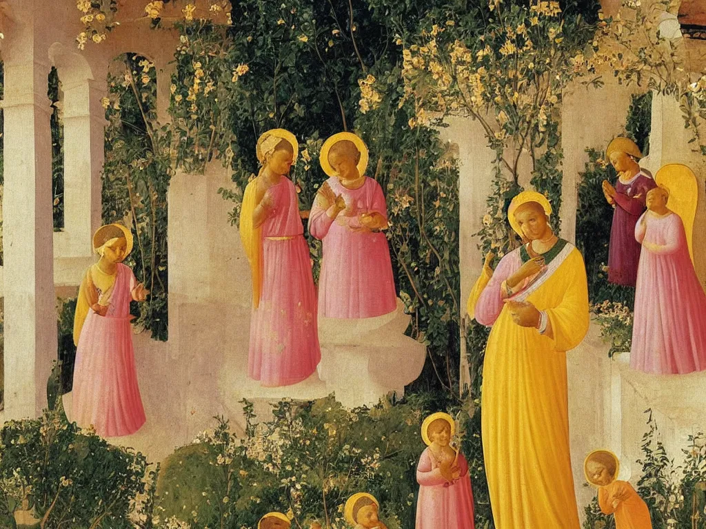 Prompt: Indian Woman dressed in yellow with 10 babies. Jasmine flower all over, garden outside with Cypresses. An angel is arranging the seashells. Painting by Fra Angelico.