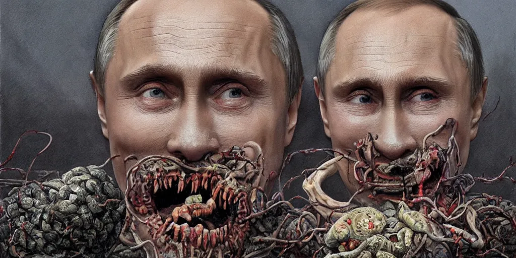 Image similar to highly detailed surreal portrait of vladimir putin's face is eaten by worms, in the background an army of zombies with their mouths sewn shut with wire in the shape of the letter z, style of greg rutkowski and ralph horsley, photorealistic, hyperdetailed, matt painting, digital art, non blurry, sharp, artstation, concept art, smooth, illustration