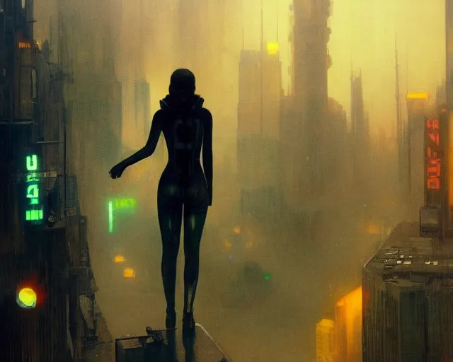 Prompt: 2 0 1 8 blade runner movie still girl look at the cityscape from roof perfect face fine realistic face pretty face reflective polymer suit tight neon puffy jacket blue futuristic sci - fi elegant by denis villeneuve tom anders zorn hans dragan bibin thoma greg rutkowski ismail inceoglu illustrated sand storm alphonse mucha