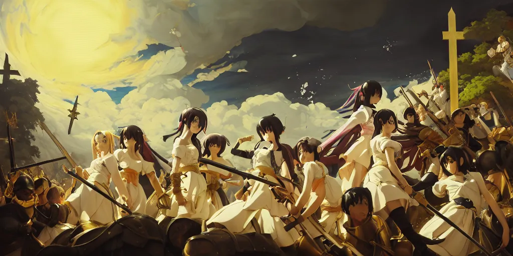 Image similar to baroque oil painting of key visual environment concept art of anime maids fighting a crusade for the anglican church, brutalist, dark fantasy, rule of thirds golden ratio, fake detail, trending pixiv fanbox, acrylic palette knife, style of makoto shinkai studio ghibli genshin impact jamie wyeth james gilleard greg rutkowski chiho aoshima
