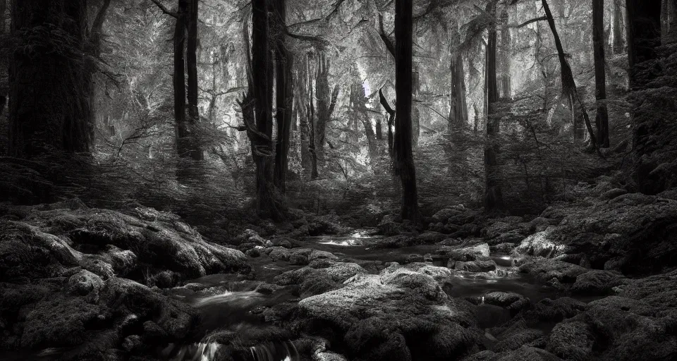 Image similar to deep inside the forest, stream, dramatic lighting, chiaroscuro, moss, ferns, epic, award winning photo by ansel adams, masterpiece, artstation