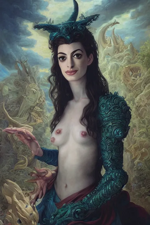 Prompt: A fantasy comic book style portrait painting of Anne Hathaway, hybrid, as an Atlantean Reptilian Warrior, François Boucher, Oil Painting, Mystical Valkyrie, unreal 5, DAZ, hyperrealistic, octane render, Regal, Refined, Detailed Digital Art, RPG portrait, William-Adolphe Bouguereau, Michael Cheval, Walt Disney (1937), Steampunk, dynamic lighting, Highly Detailed, Cinematic Lighting, Unreal Engine, 8k, HD