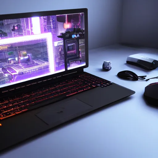 Image similar to gaming setup from future, cyberpunk style, product photo, octane render, ray tracing, unreal render, ultra detail, no noise, isometric, full view
