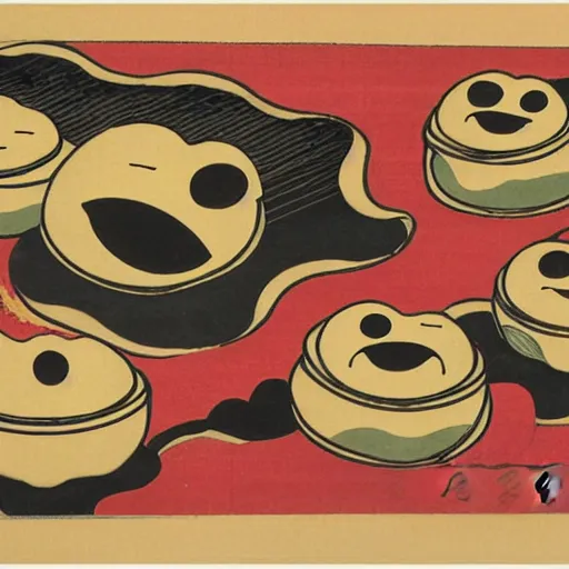 Prompt: traditional japanese ukiyo - e depicting happy smiley coffee cups in a beautiful natural environment