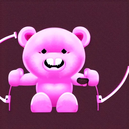 Image similar to iconic vector logo of cute cuddly pink bear with a podcast microphone, melodic, headphones, music, streaming, dreamy, isometric, adorable, octane render, golden ratio, 4k UHD, iconic design