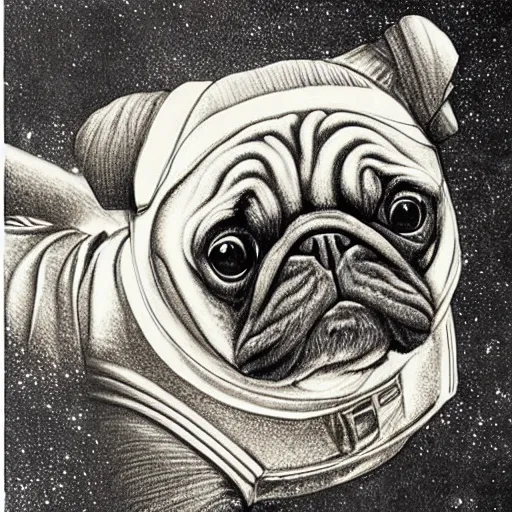 Image similar to pencil art, golden - ratio, spirals, highly detailed, astronaut pug in outer space by davinci.