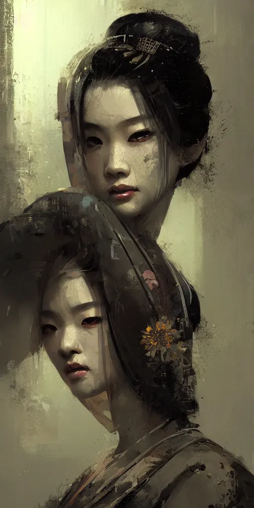 Image similar to female geisha girl, beautiful face, rule of thirds, intricate outfit, spotlight, by greg rutkowski, by jeremy mann, digital painting