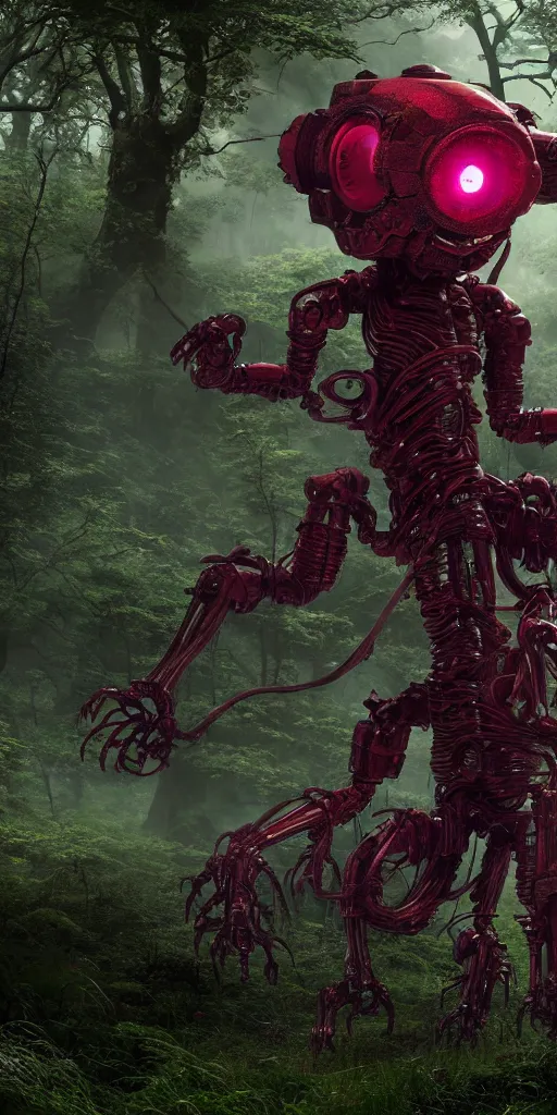 Prompt: little red robot with glowing purple eyes, surrounded by a green forrest, moody , lovecraft, giger, ridley scott, zack snyder, Fenghua Zhong, realistic cinematic lighting, establishing action shot, ultra detailed, hyper realism, photo, octane render