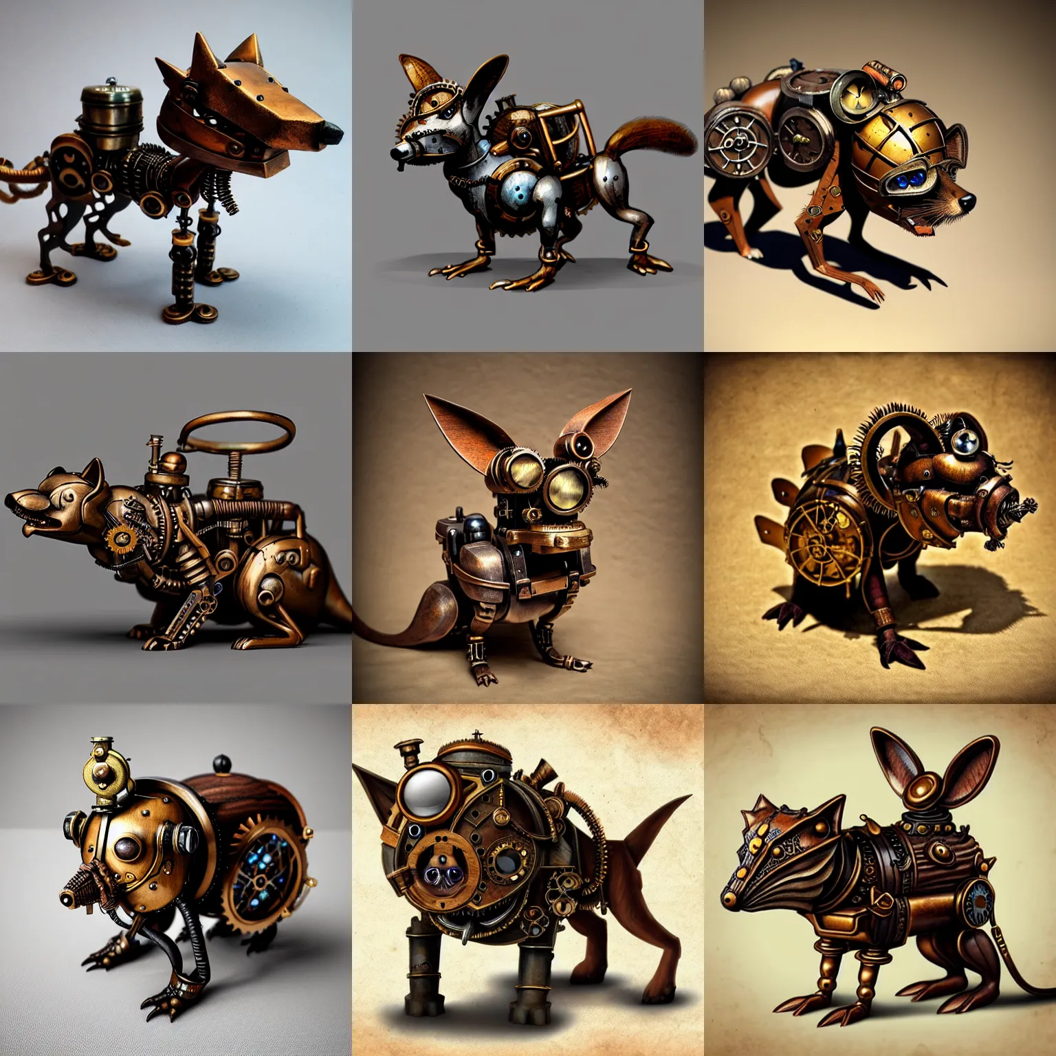 Prompt: steampunk animal pet, small quadruped, wood metal, 8 k, illustration fantasy dnd, highly detailed, concept art, masterpiece