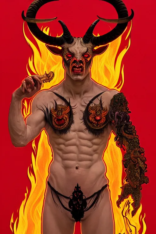 Prompt: portrait of a beautiful young fit male demon with ram horns, scaly skin covered in occult tatoos, flaming scene, by greg rutkowski and alphonse mucha, d & d character, gradient red to yellow, in front of an hellish landscape background, highly detailed portrait, digital painting, artstation, concept art, smooth, sharp focus ilustration, artstation hq